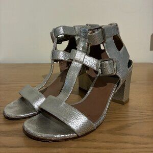 Laurence Dacade Metallic Silver T-Strap Heeled 3" Sandals - Women's 38